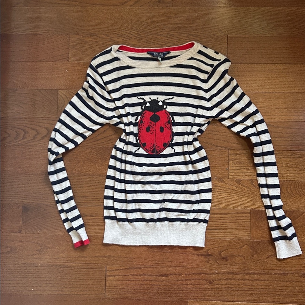 Joules Navy Blue and White Striped Sweater with Red Ladybug
